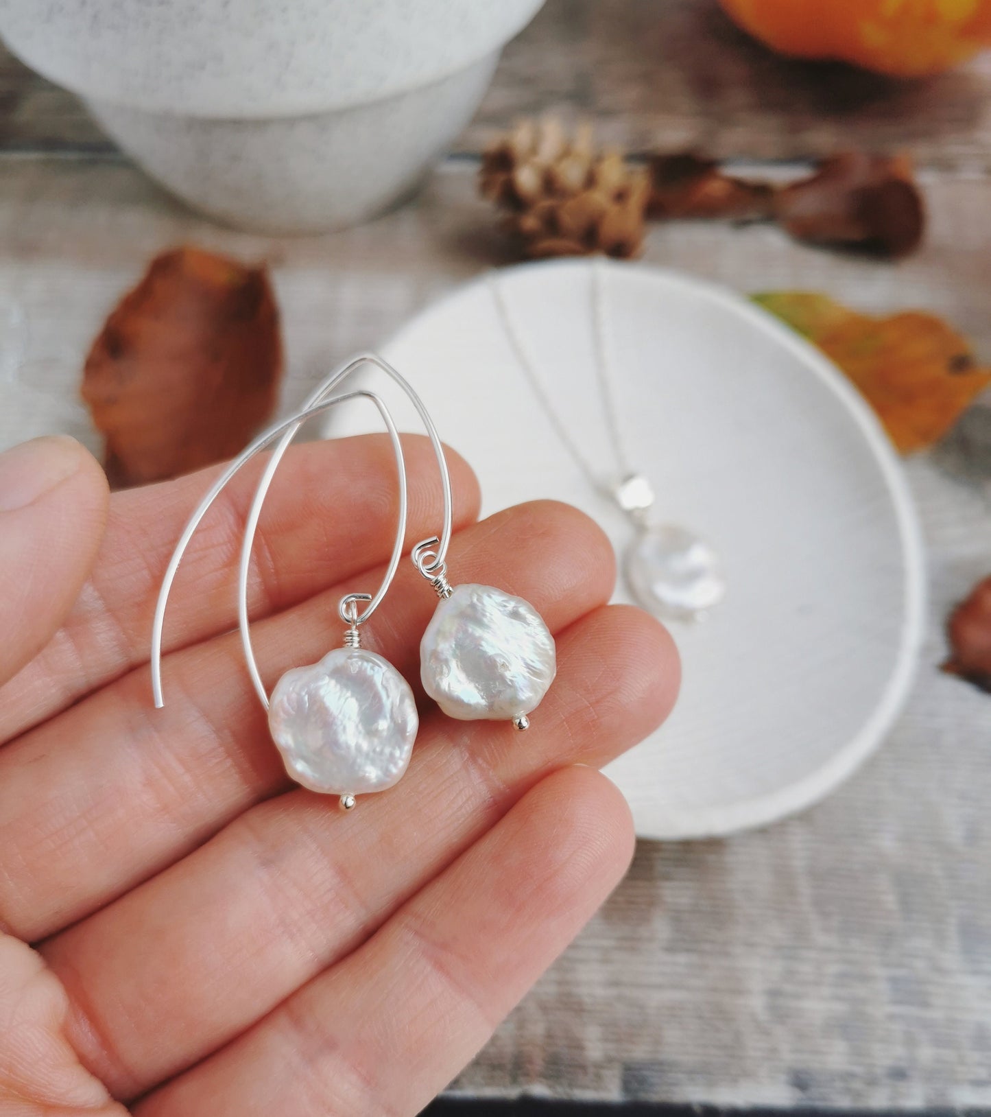 SET Large Keishi Pearl earrings & necklace set - Silver or 14k Gold-filled