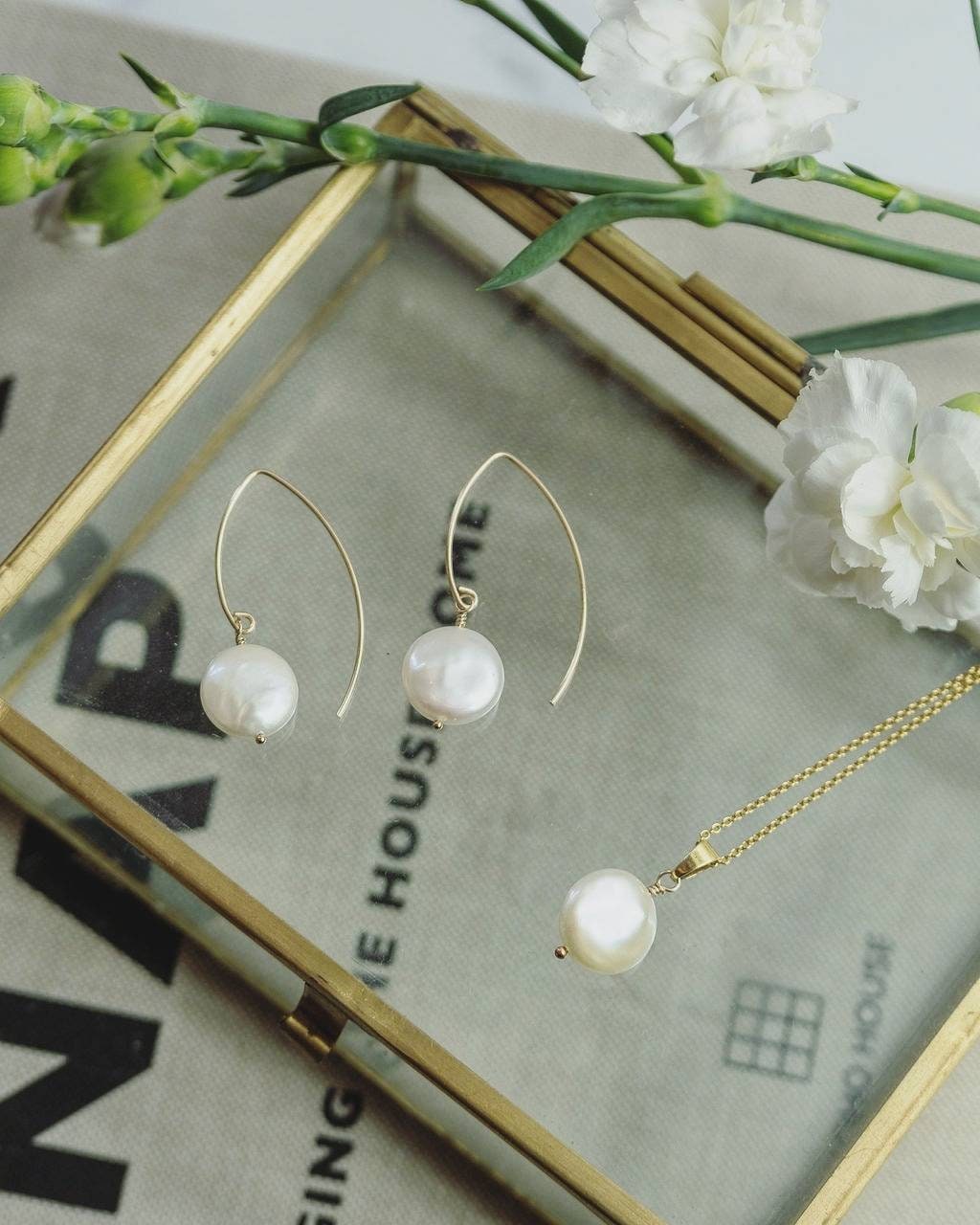 SET - Small coin Pearl earrings & necklace - Silver or 14k Gold-filled