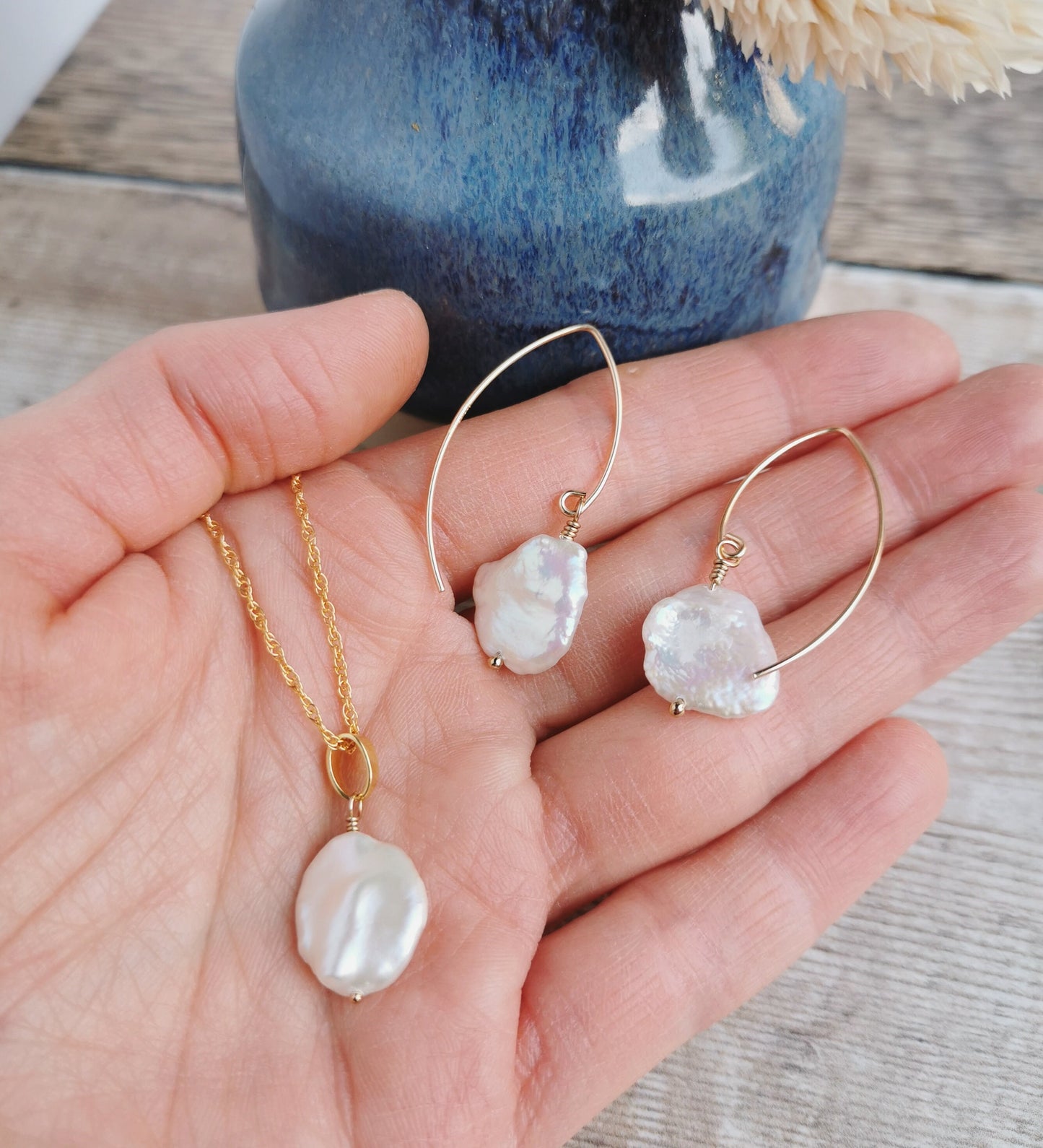 SET Large Keishi Pearl earrings & necklace set - Silver or 14k Gold-filled