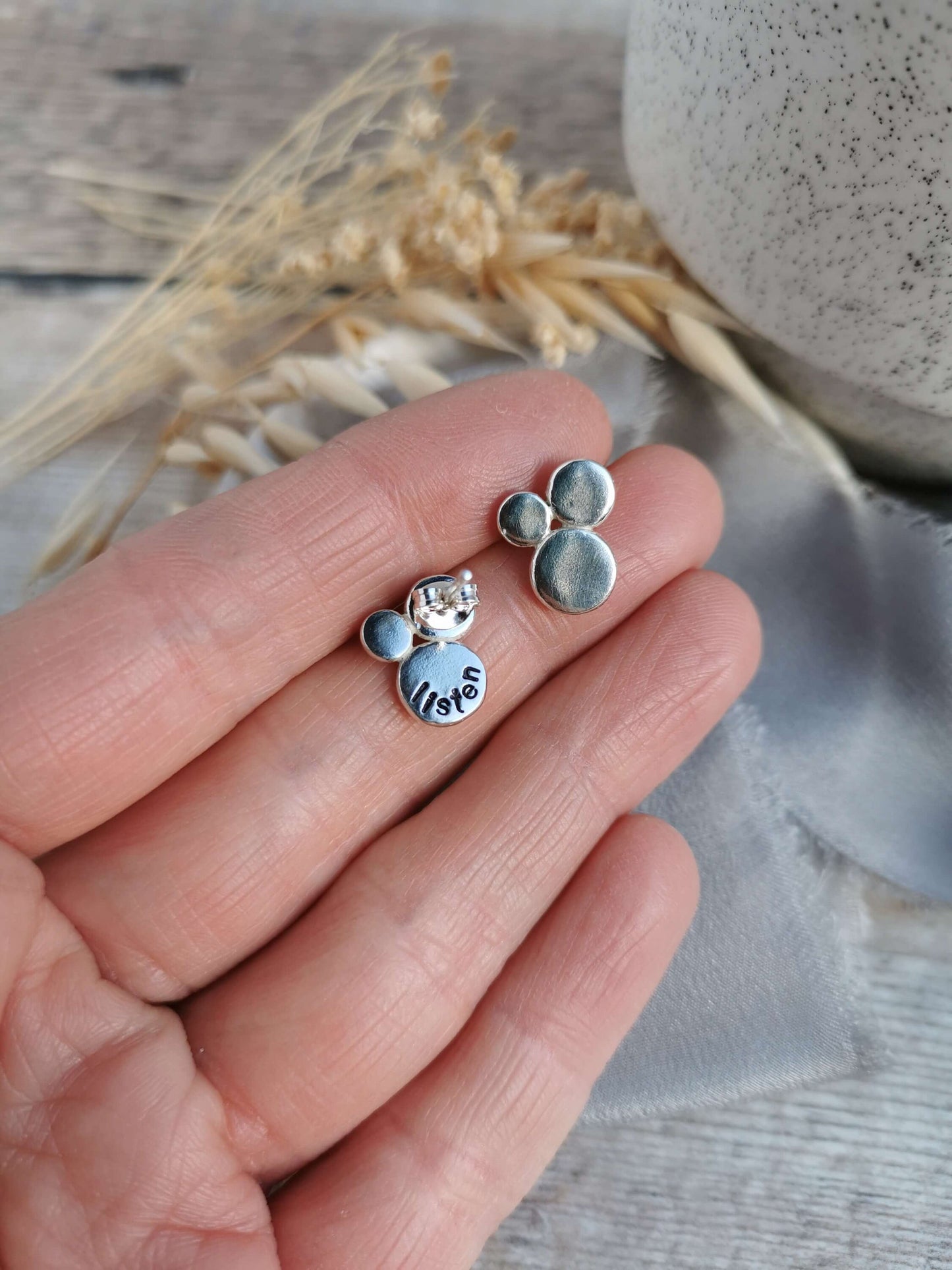 Recycled silver mantra LISTEN stud earrings