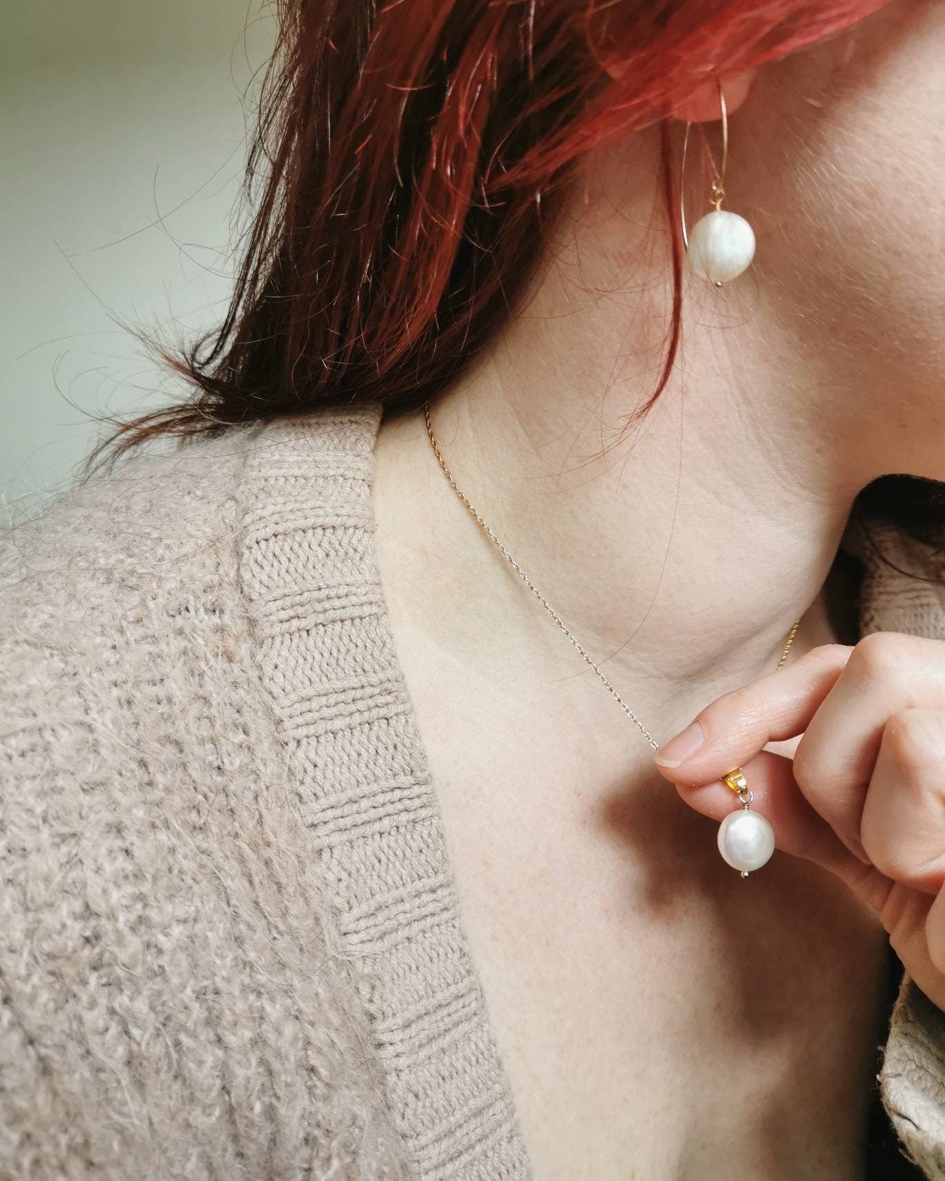 SET - Small coin Pearl earrings & necklace - Silver or 14k Gold-filled