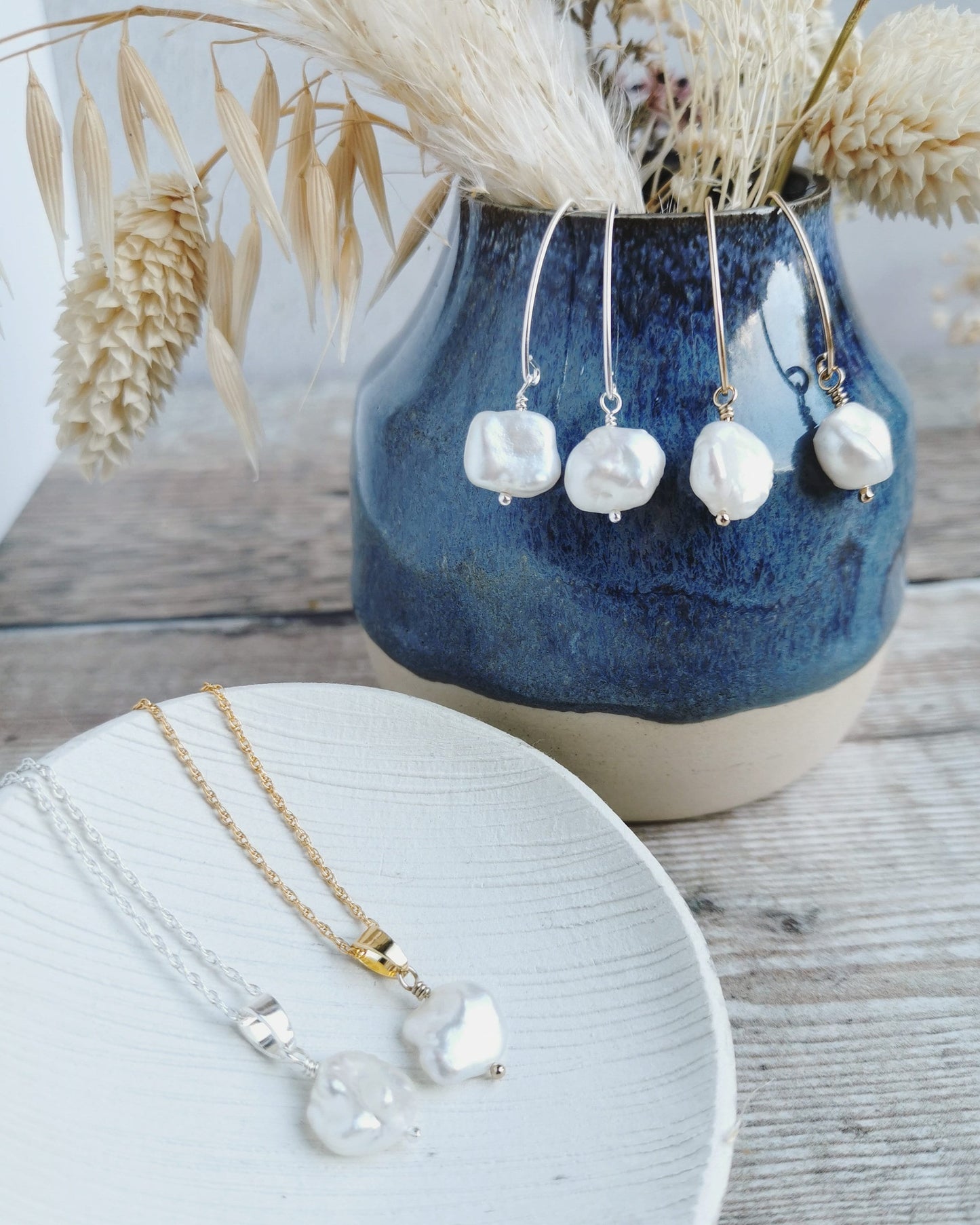SET Small Keishi Pearl Earrings & Necklace - Silver or 14k Gold-filled