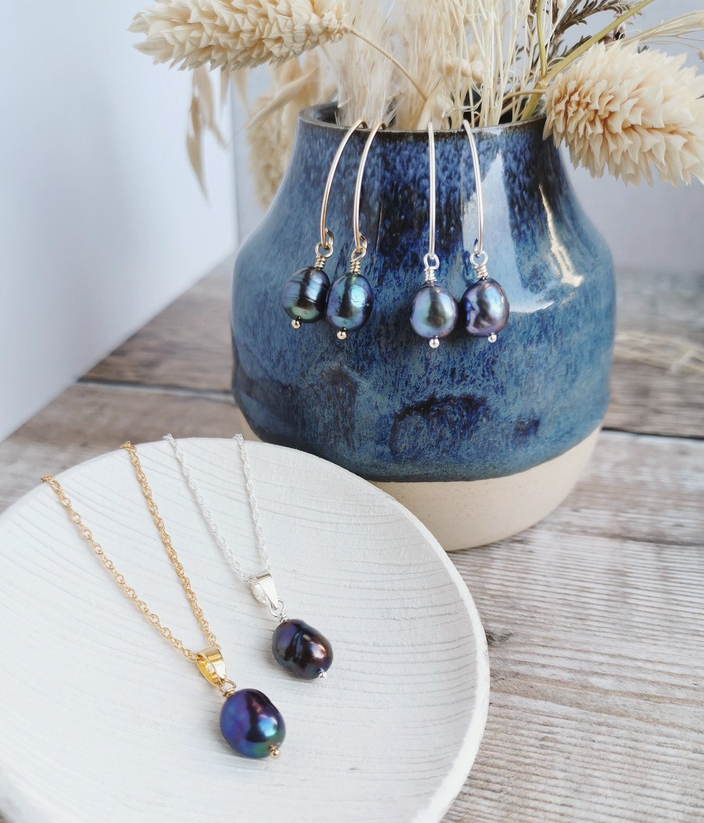SET Peacock Baroque Pearl earrings and necklace set - silver or 14k Gold-filled