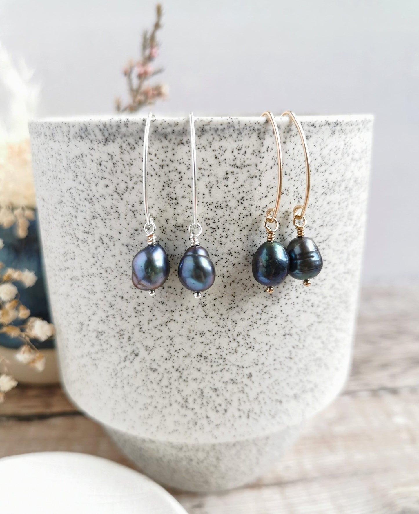 SET Peacock Baroque Pearl earrings and necklace set - silver or 14k Gold-filled