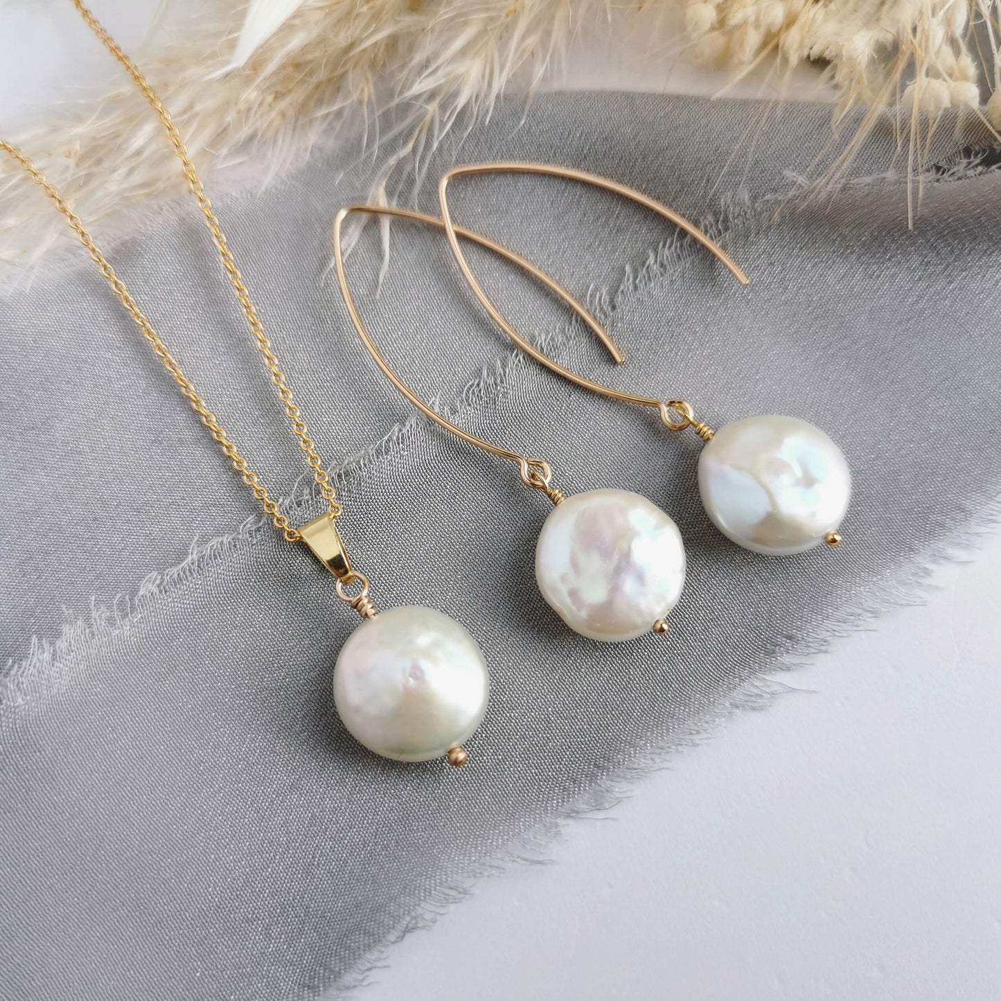 SET - Small coin Pearl earrings & necklace - Silver or 14k Gold-filled