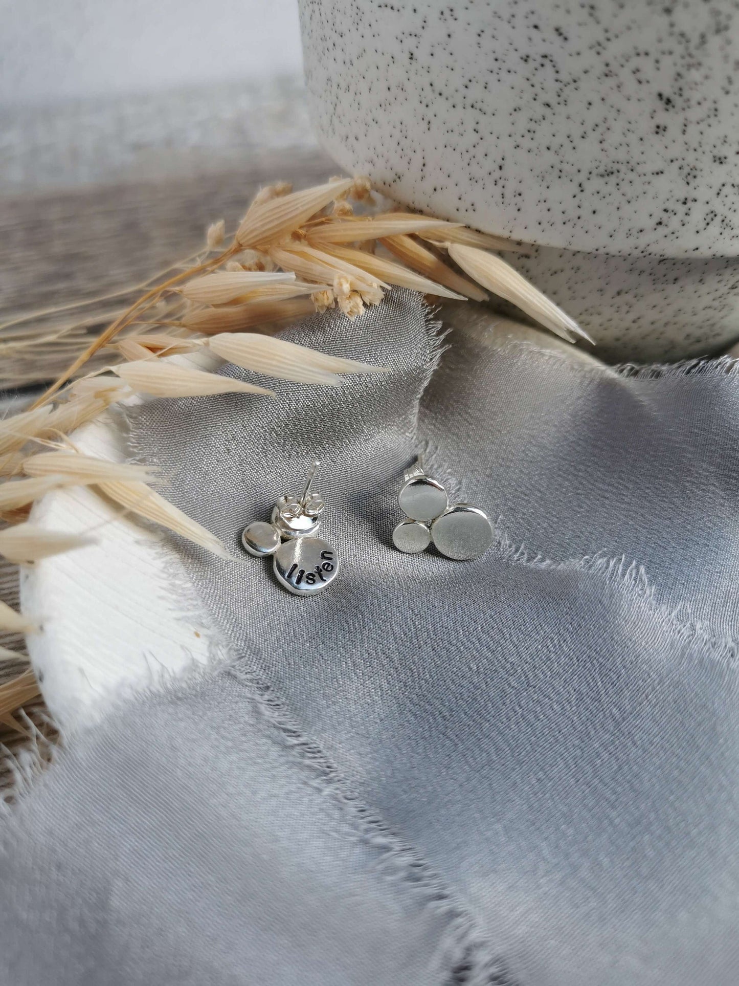Recycled silver mantra LISTEN stud earrings