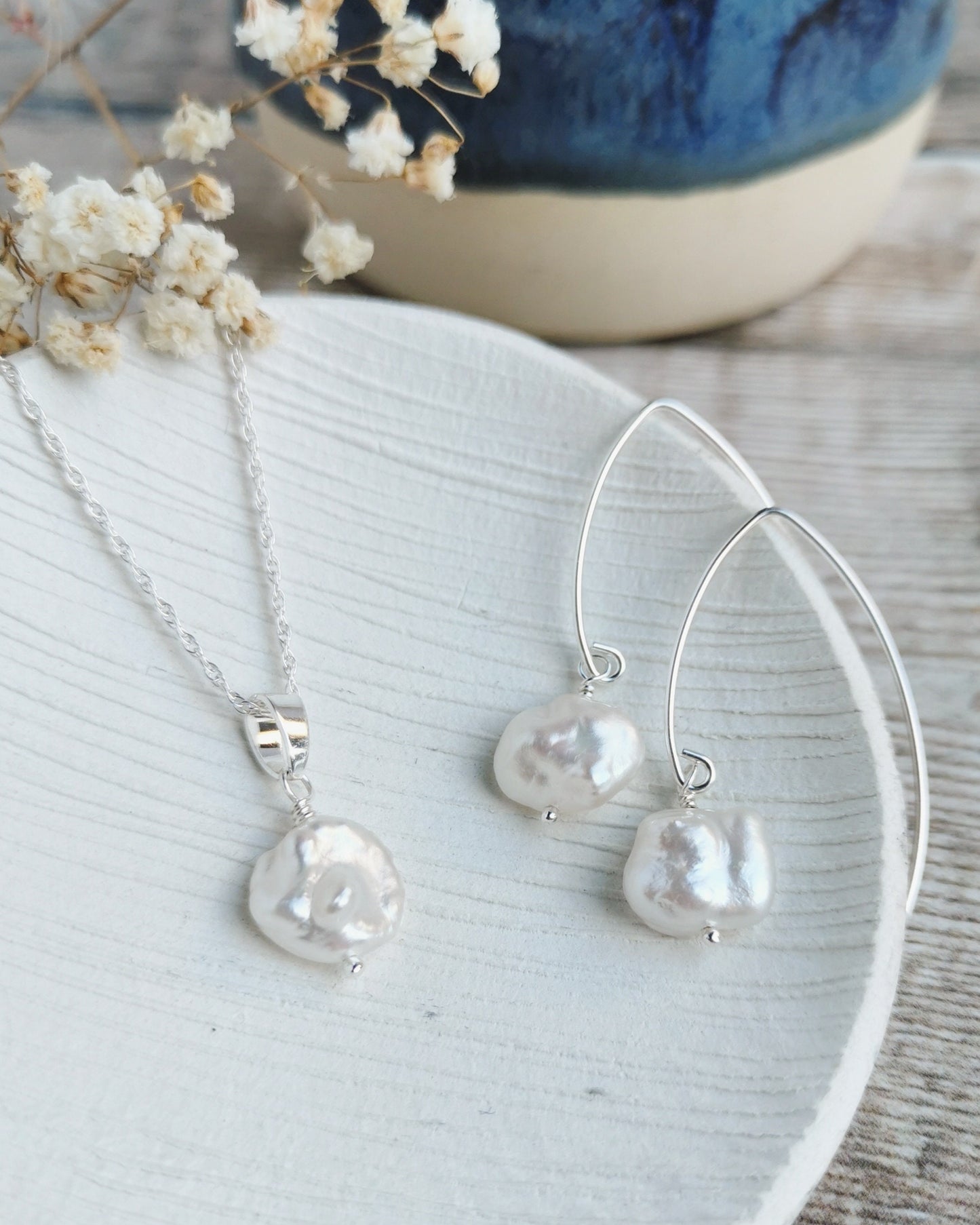 SET Small Keishi Pearl Earrings & Necklace - Silver or 14k Gold-filled