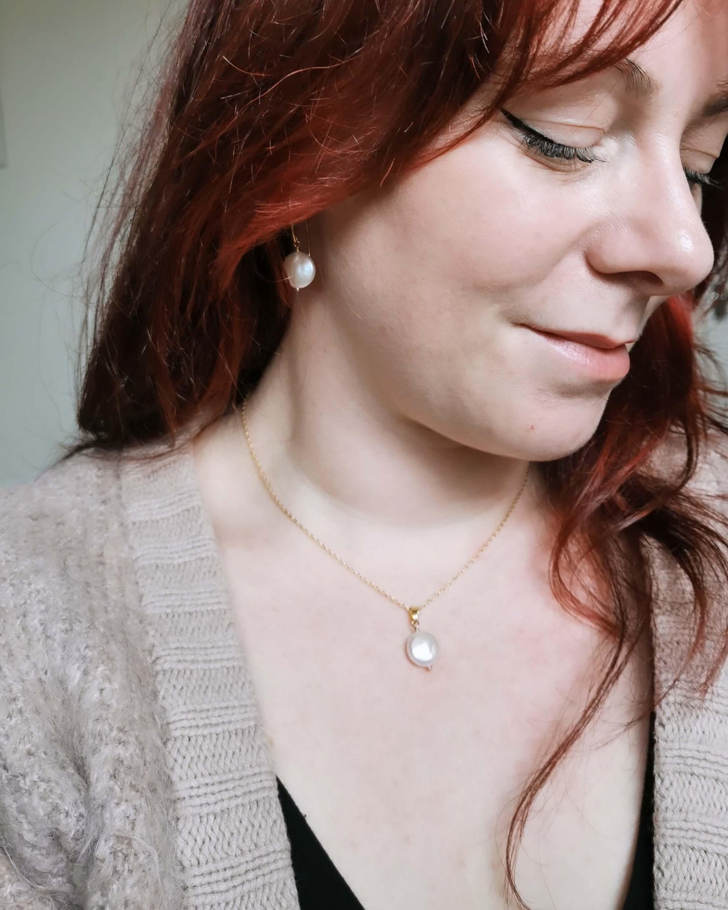 SET - Small coin Pearl earrings & necklace - Silver or 14k Gold-filled