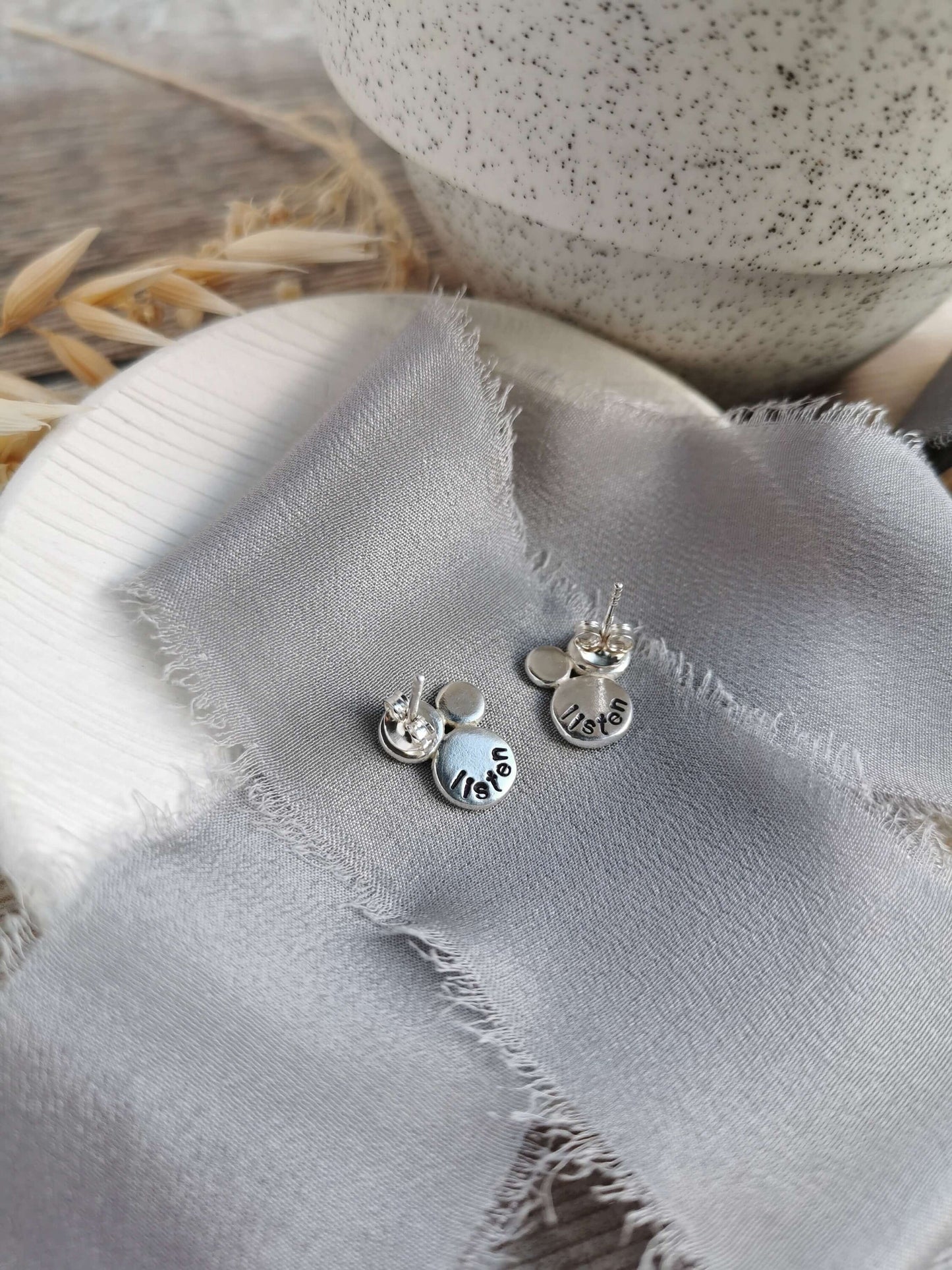 Recycled silver mantra LISTEN stud earrings