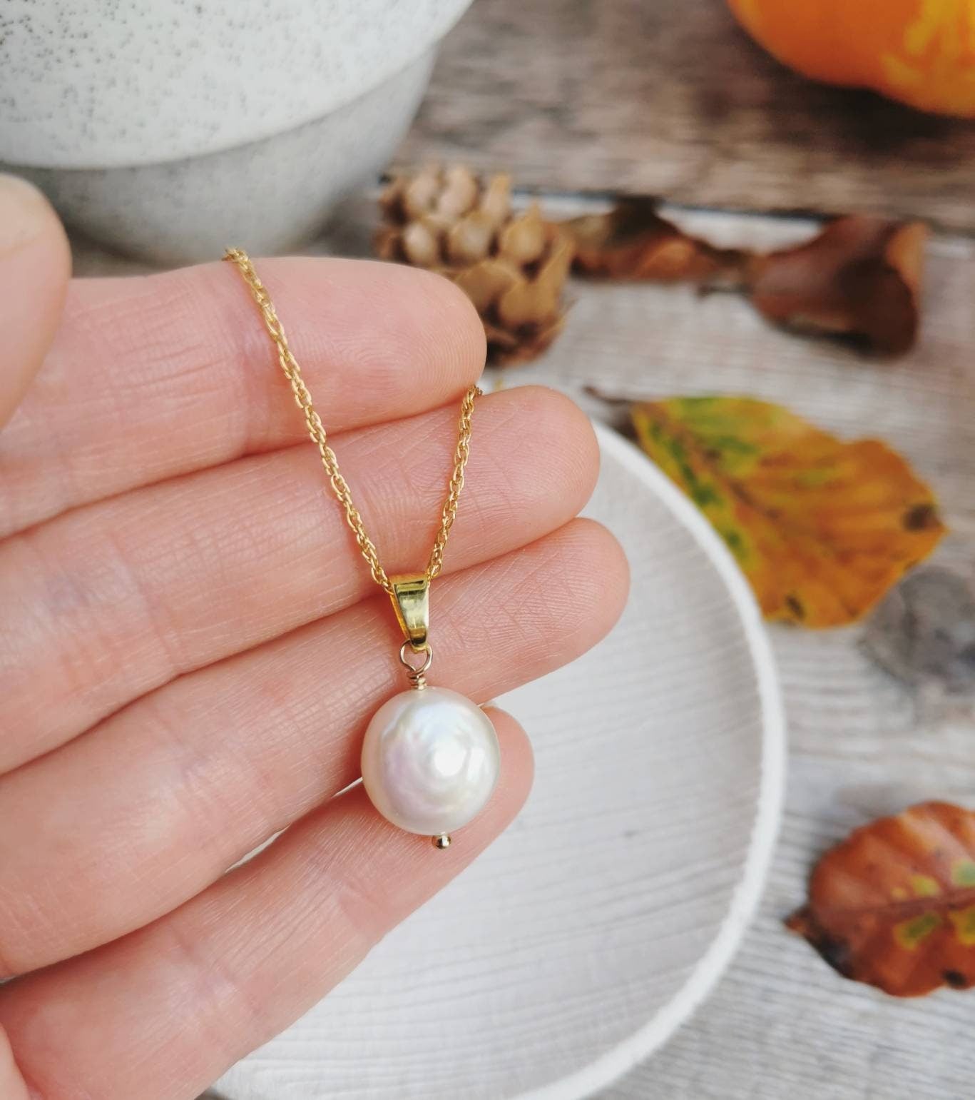 SET - Small coin Pearl earrings & necklace - Silver or 14k Gold-filled