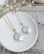 Large Coin Pearl earrings and necklace set in 14k Gold fill or Silver