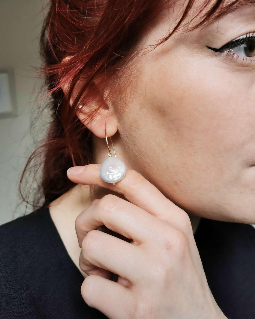 Large Coin Pearl earrings - Silver or 14k Gold-filled