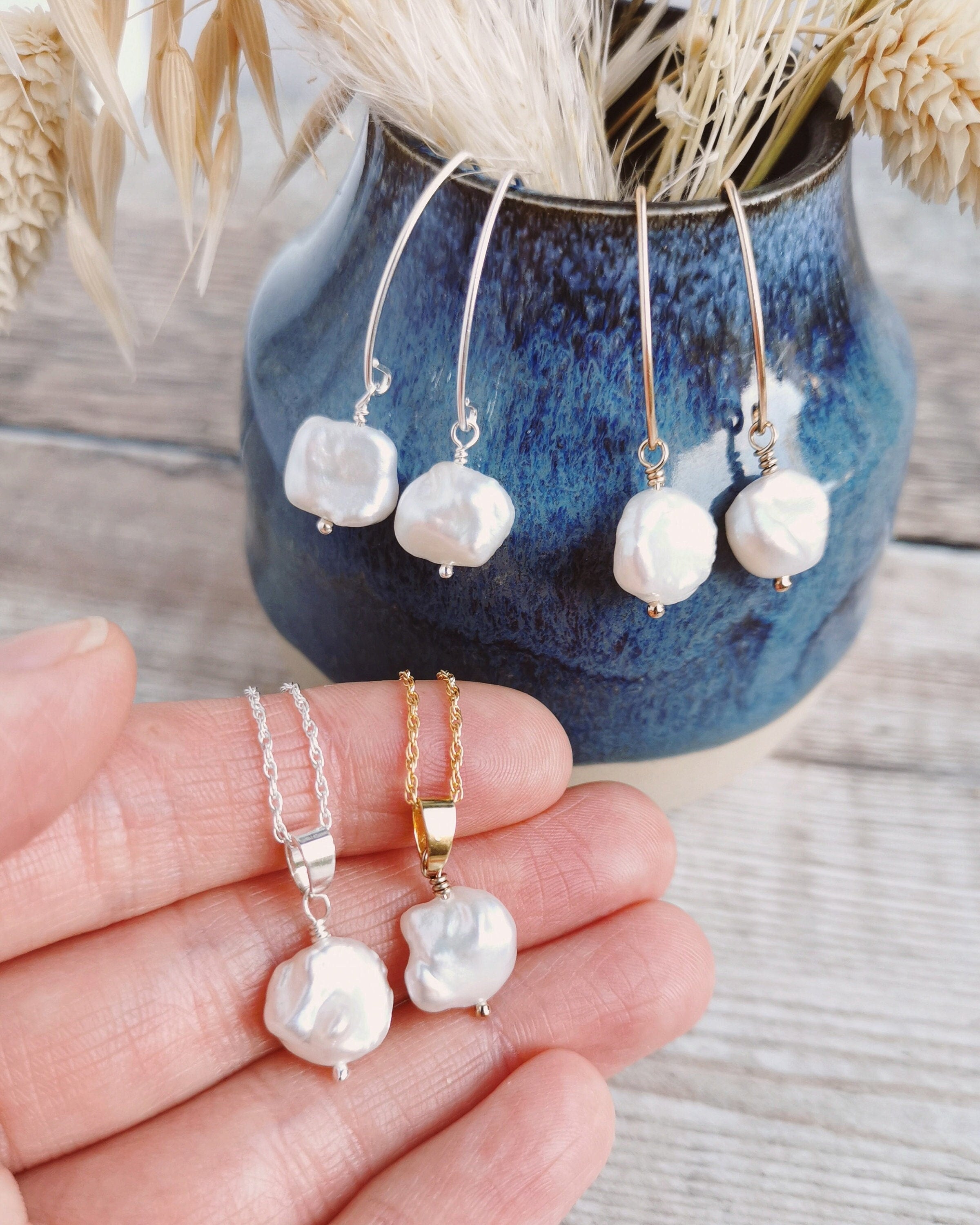 Small Keishi Pearl Earrings & Necklace set - Silver or 14k Gold-filled