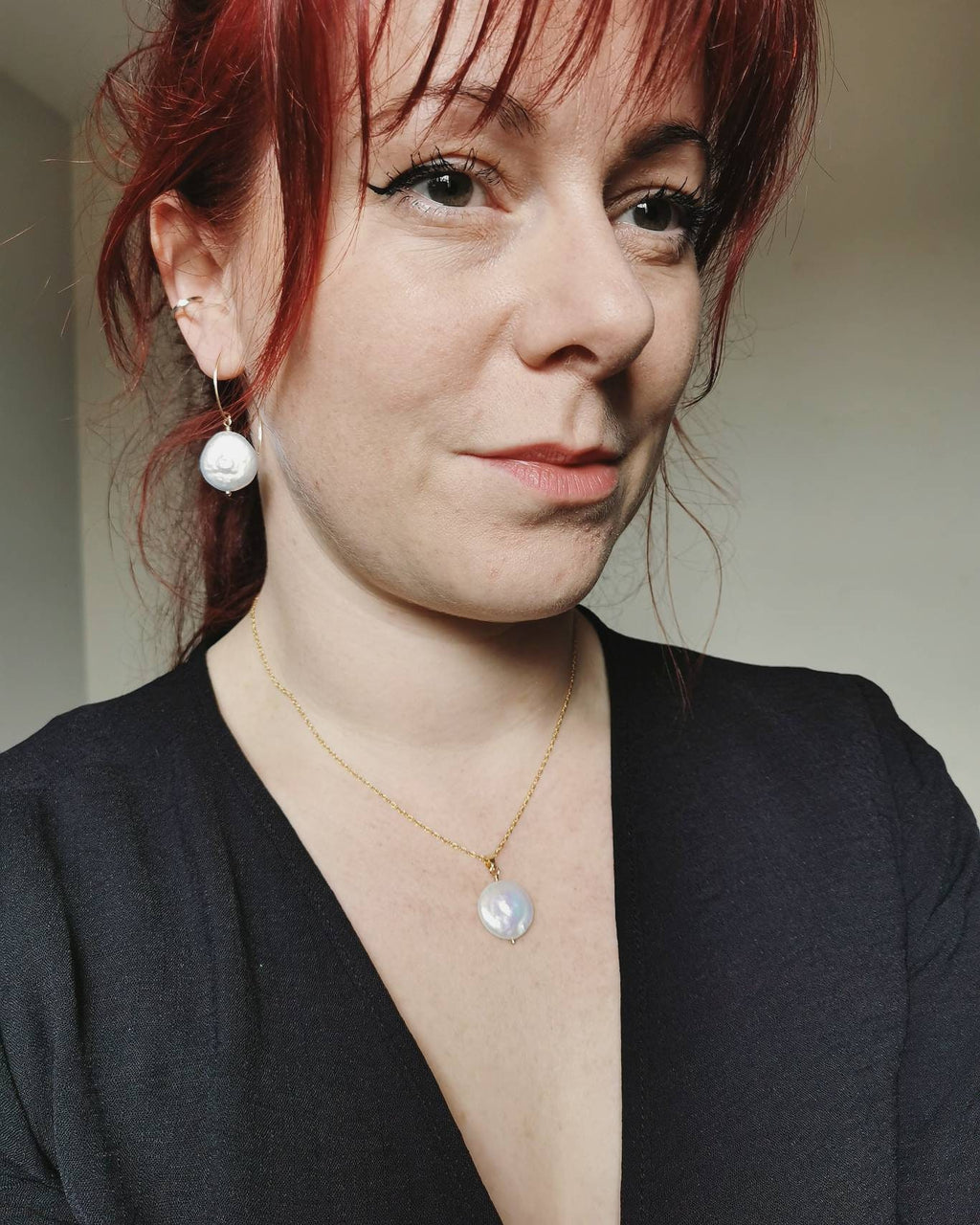 Large Coin Pearl earrings and necklace set in 14k Gold fill or Silver