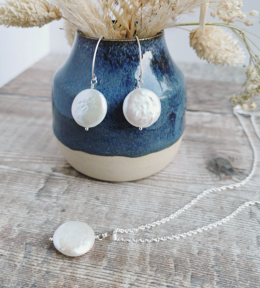 Large Coin Pearl necklace - Silver or 14k Gold-filled