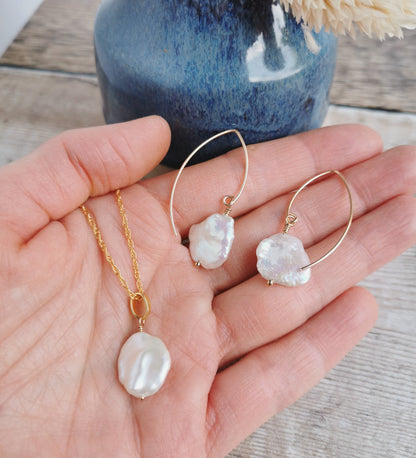 SET Large Keishi Pearl earrings & necklace set - Silver or 14k Gold-filled