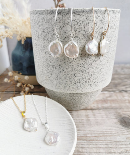 SET Large Keishi Pearl earrings & necklace set - Silver or 14k Gold-filled