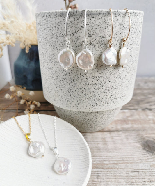 SET Large Keishi Pearl earrings & necklace set - Silver or 14k Gold-filled