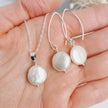 Small Coin Pearl earrings & necklace set in Silver