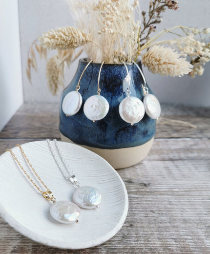 Large Coin Pearl earrings and necklace set in 14k Gold fill or Silver