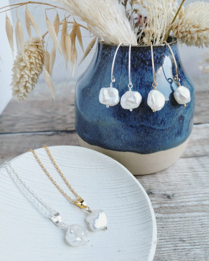SET Small Keishi Pearl Earrings & Necklace - Silver or 14k Gold-filled