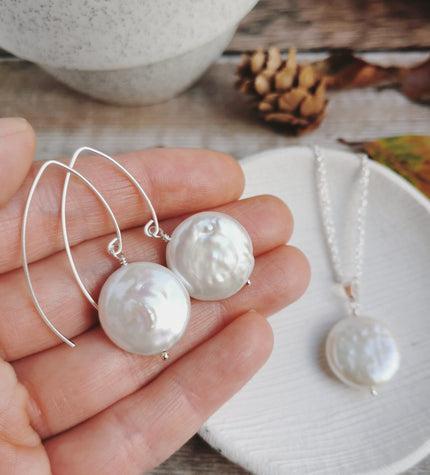 Large Coin Pearl earrings - Silver or 14k Gold-filled