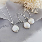 Small Coin Pearl earrings & necklace set in Silver