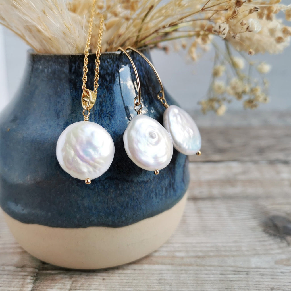 Large Coin Pearl earrings and necklace set in 14k Gold fill or Silver