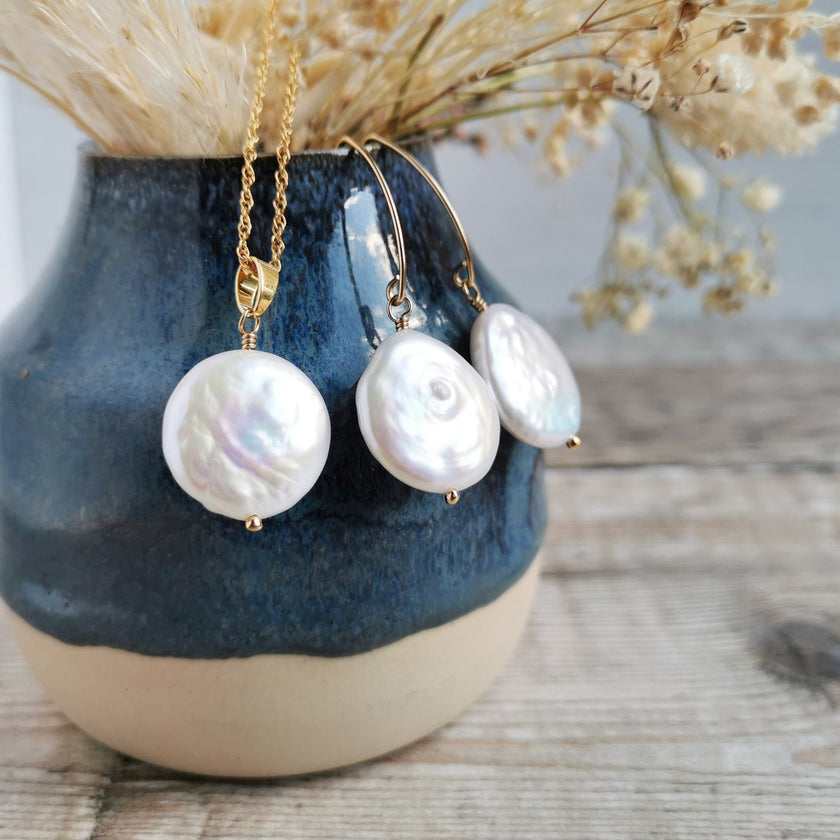Statement Coin Pearl earrings and necklace set in 14k Gold-filled or Silver