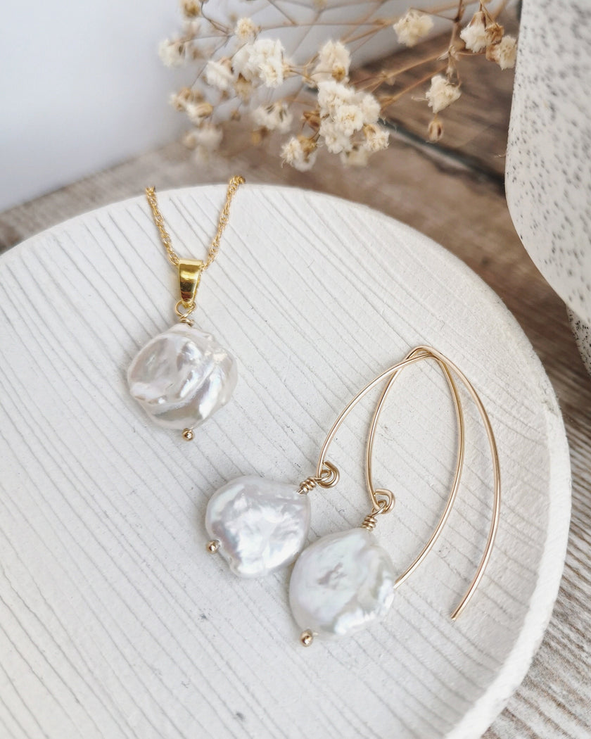Large Keishi Pearl earrings & necklace set - Silver or 14k Gold-filled