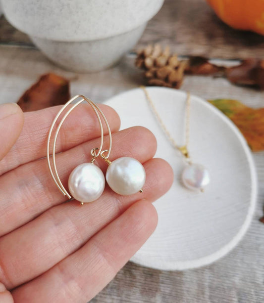 SET - Small coin Pearl earrings & necklace - Silver or 14k Gold-filled