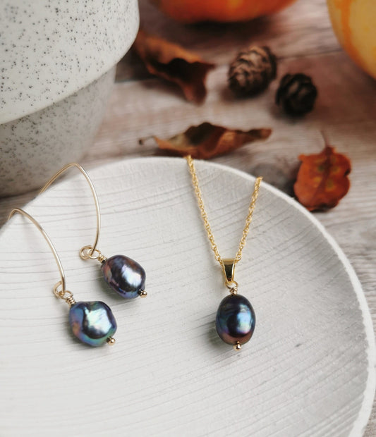 SET Peacock Baroque Pearl earrings and necklace set - silver or 14k Gold-filled