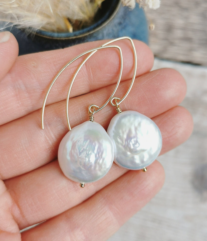 Large Coin Pearl earrings - Silver or 14k Gold-filled