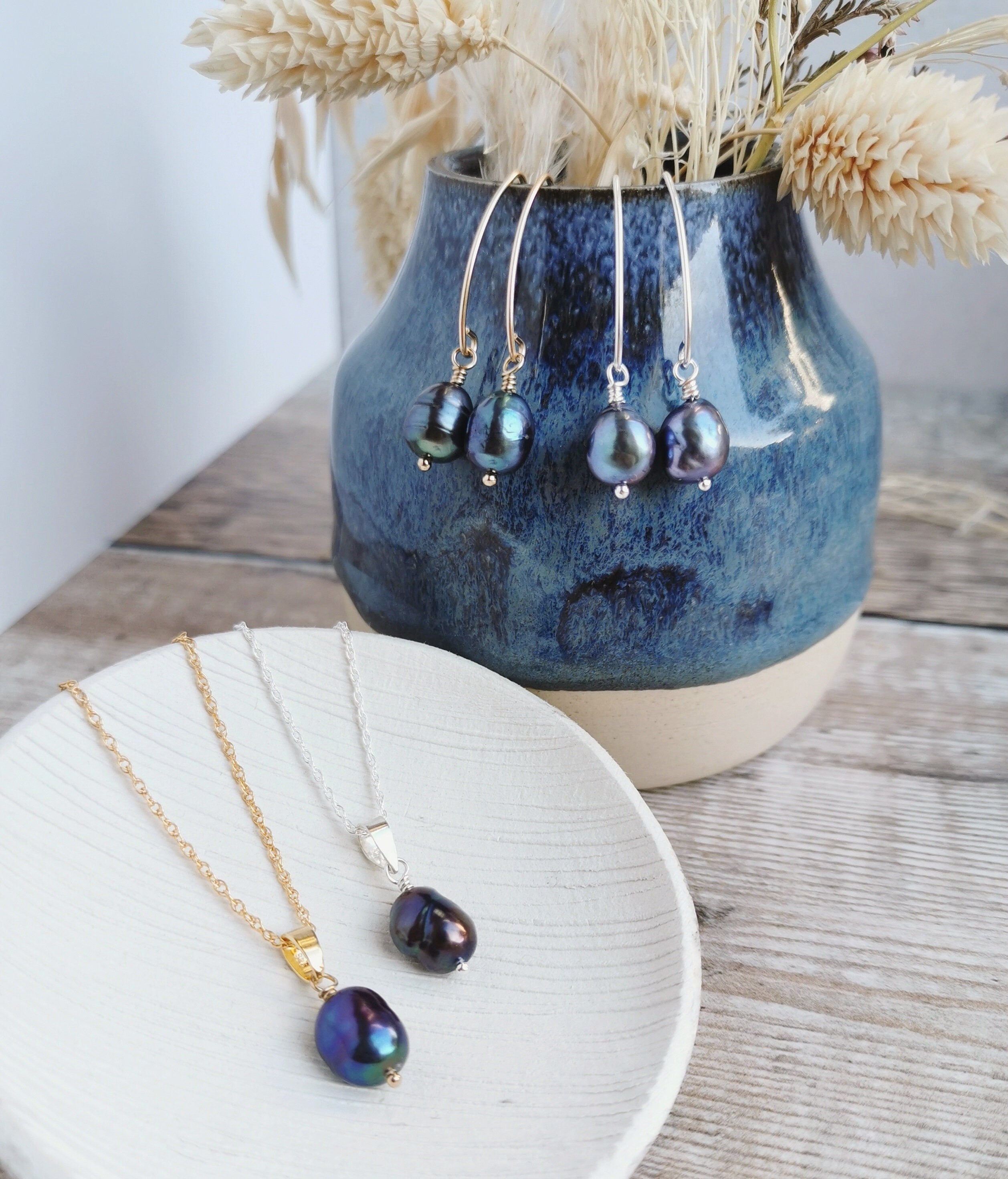 Peacock Baroque Pearl earrings and necklace set - in Silver or 14k Gold-filled