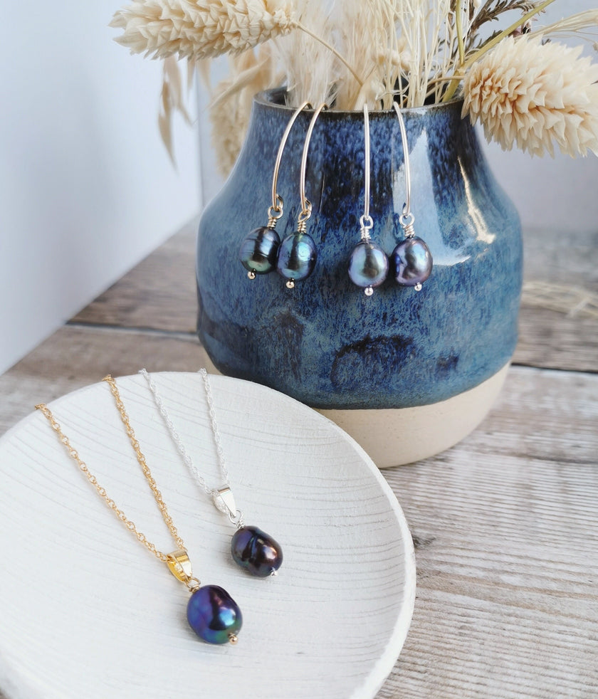 Peacock Baroque Pearl earrings and necklace set - in Silver or 14k Gold-filled