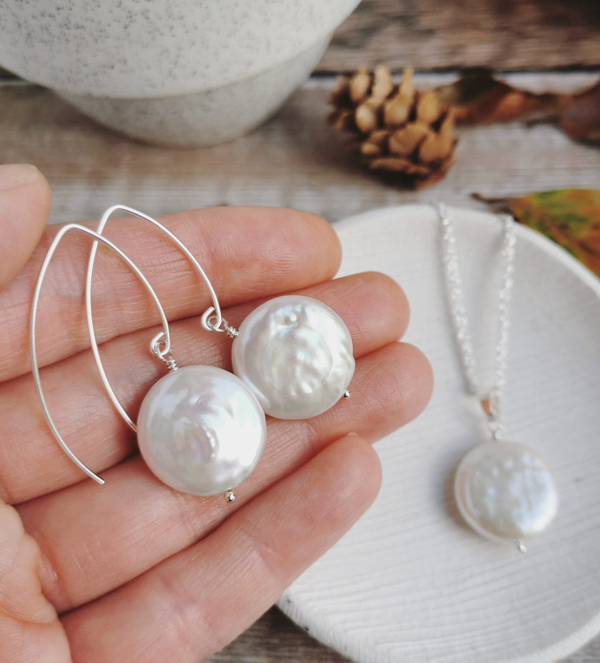 Statement Coin Pearl earrings and necklace set in 14k Gold-filled or Silver