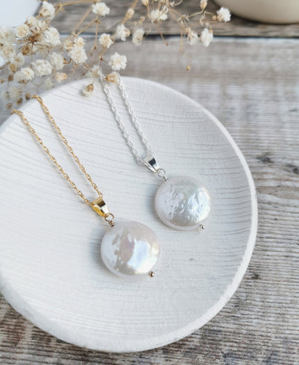 Large Coin Pearl necklace - Silver or 14k Gold-filled