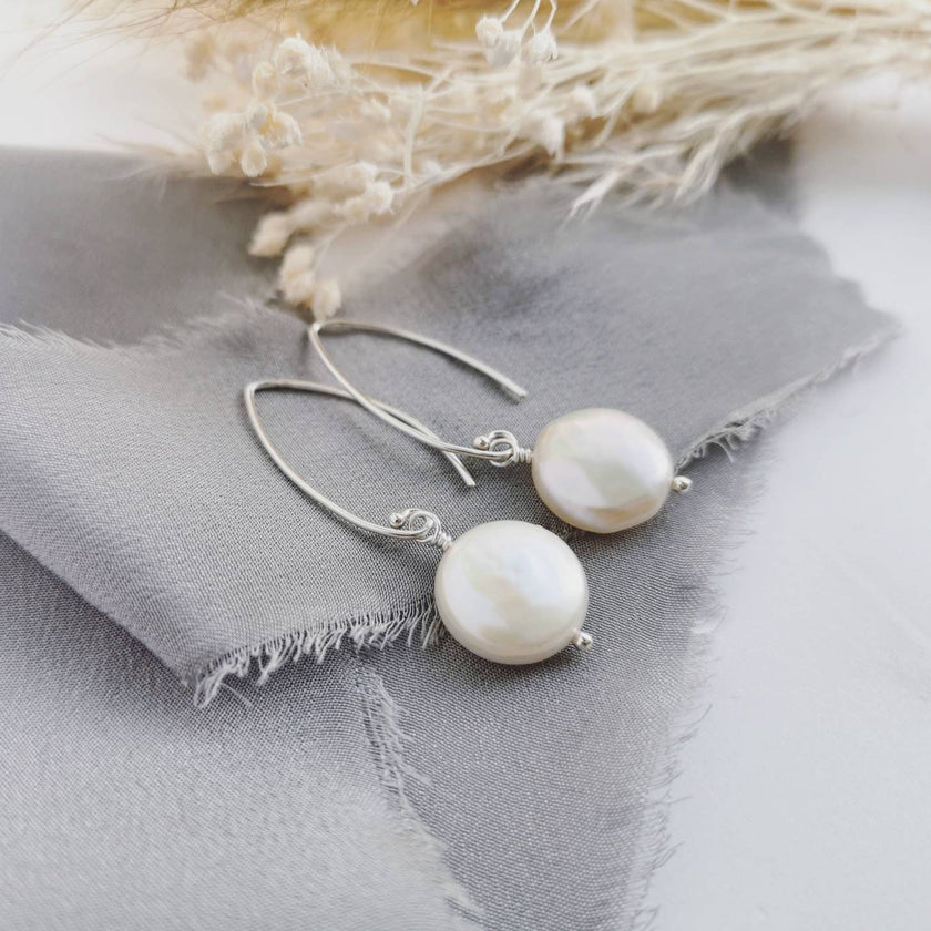 Small coin Pearl earrings & necklace set - in Silver or 14k Gold-filled