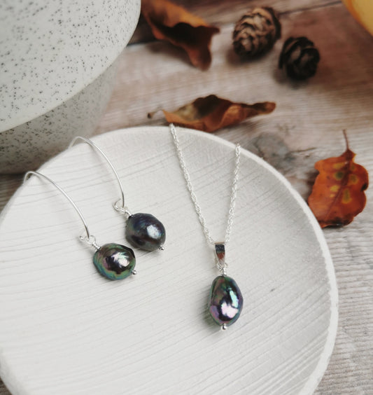SET Peacock Baroque Pearl earrings and necklace set - silver or 14k Gold-filled