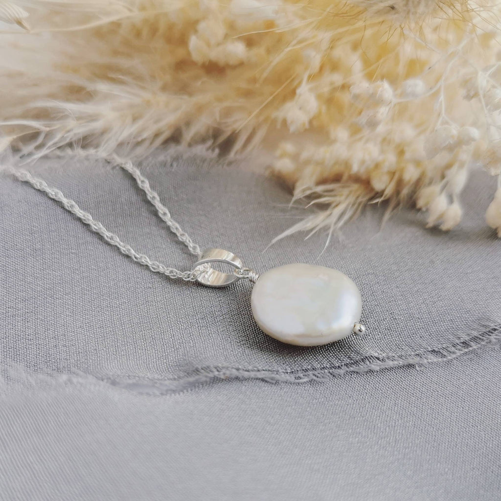 Small Coin Pearl earrings & necklace set in Silver