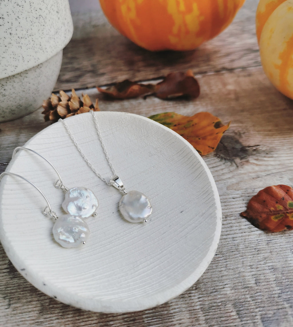 Large Keishi Pearl earrings & necklace set - Silver or 14k Gold-filled