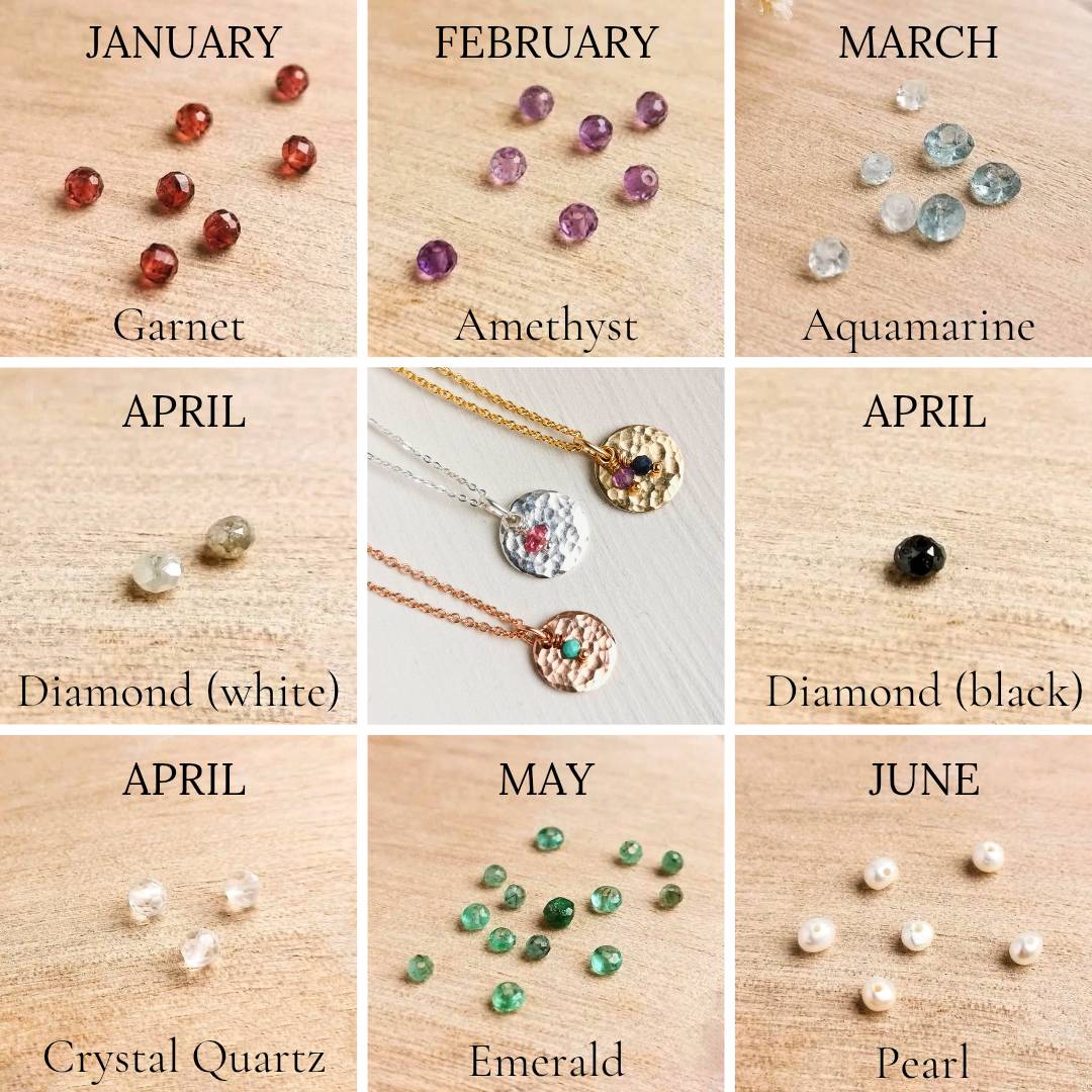 A 3x3 collage showing gemstone and pearl jewelry samples labeled by month and stone name: Garnet, Amethyst, Aquamarine, Diamond (white), Diamond (black), Crystal Quartz, Emerald, and Pearl, arranged on a light wood background.