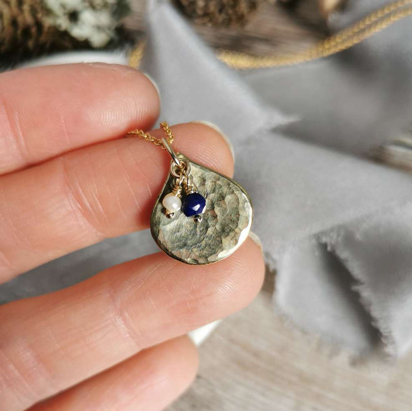 Brass Teardrop pendant with Lapis Lazuli and Pearl charms