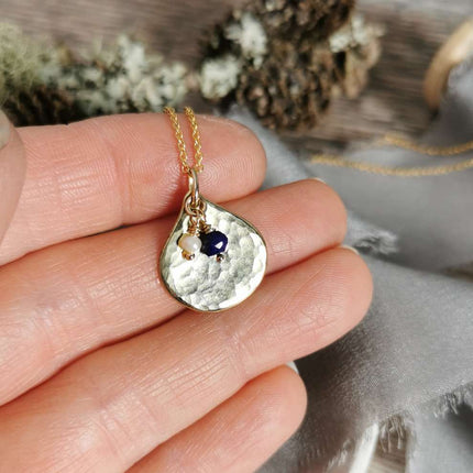 Brass Teardrop pendant with Lapis Lazuli and Pearl charms