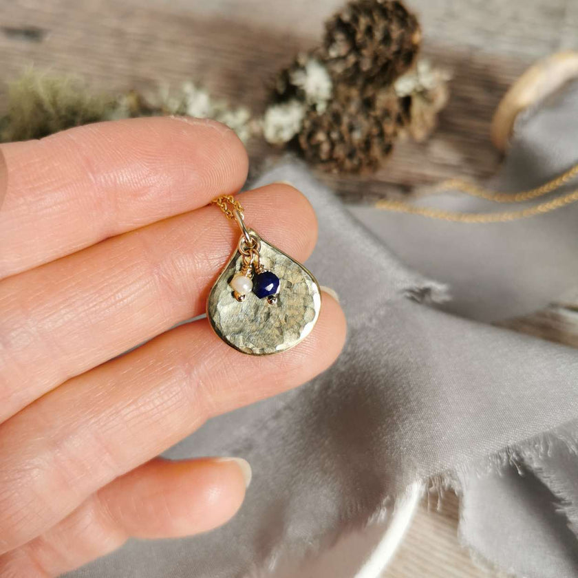 Brass Teardrop pendant with Lapis Lazuli and Pearl charms