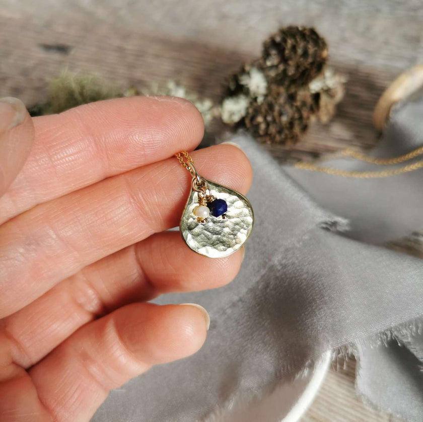 Brass Teardrop pendant with Lapis Lazuli and Pearl charms