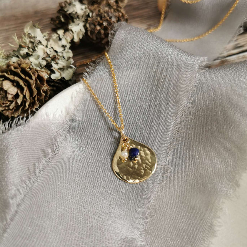 Brass Teardrop pendant with Lapis Lazuli and Pearl charms