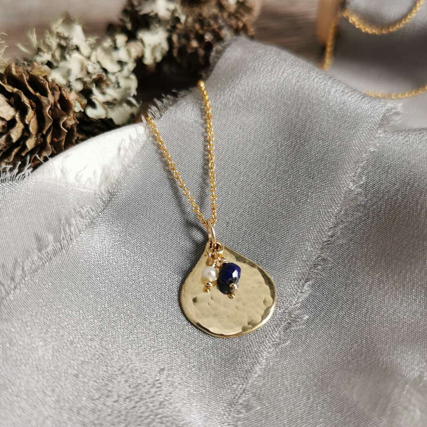 Brass Teardrop pendant with Lapis Lazuli and Pearl charms