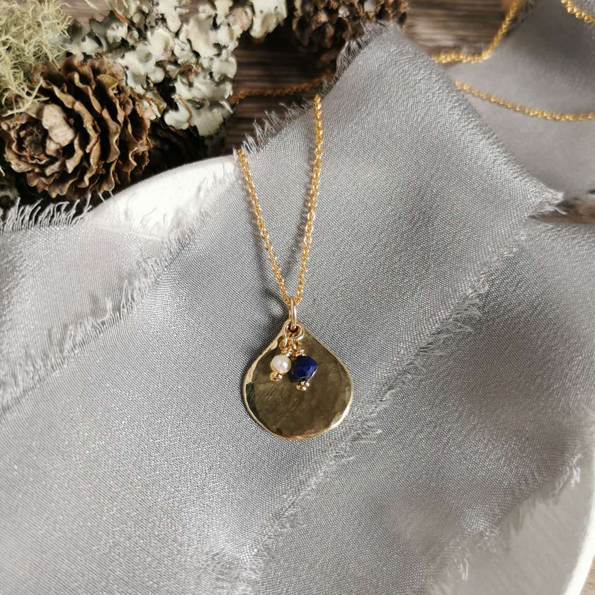 Brass Teardrop pendant with Lapis Lazuli and Pearl charms