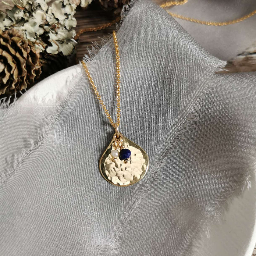 Brass Teardrop pendant with Lapis Lazuli and Pearl charms